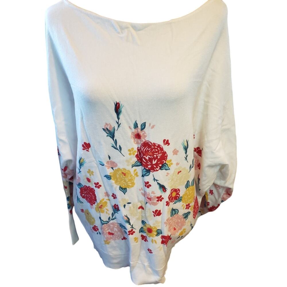 Andree by Unit White Floral Dolman Sleeve Knit Top P19919 Plus Size 1X